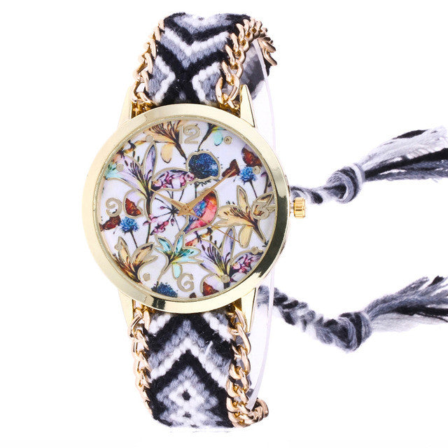Women's Watch Flower Parten Knitted Weaved Rope Band Bracelet Quartz Dial