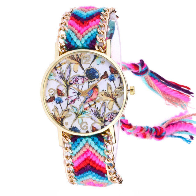 Women's Watch Flower Parten Knitted Weaved Rope Band Bracelet Quartz Dial