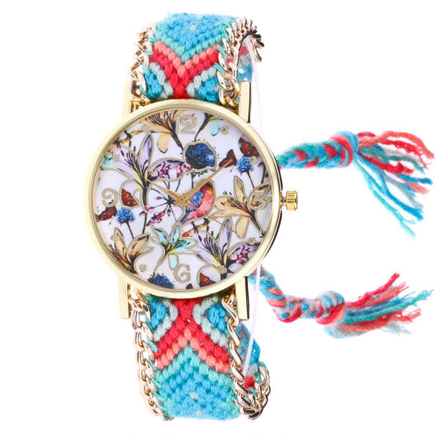 Women's Watch Flower Parten Knitted Weaved Rope Band Bracelet Quartz Dial