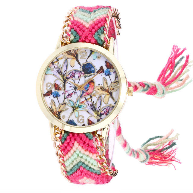 Women's Watch Flower Parten Knitted Weaved Rope Band Bracelet Quartz Dial