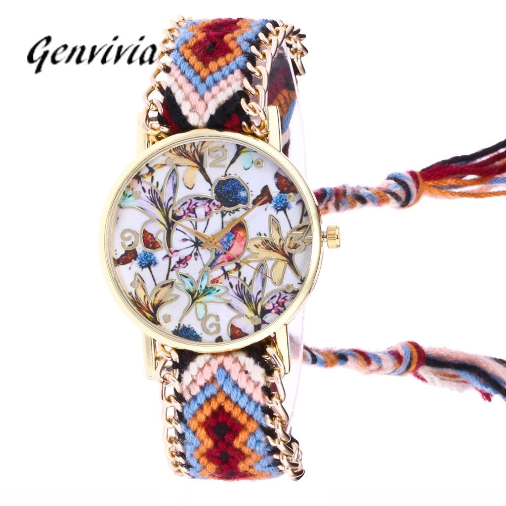 Women's Watch Flower Parten Knitted Weaved Rope Band Bracelet Quartz Dial